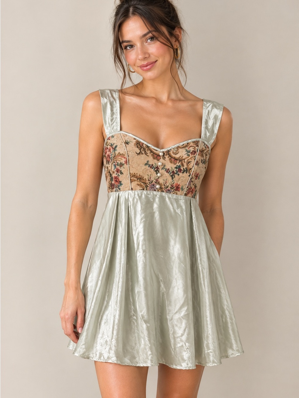 ROMWE Sage Green Satin Fairy Princess Dress with Floral Bust Panel